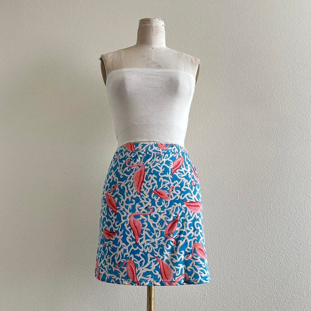 handmade flamingo print blue pink mini skirt